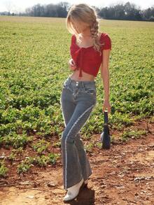 Sydney Algeri 女式休闲水洗磨边修身喇叭牛仔裤 - 藍色 - 查看 4