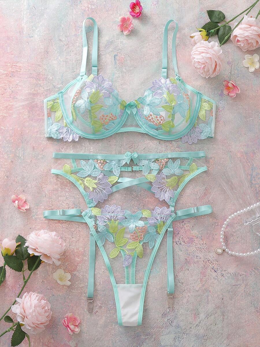 Conjunto de sujetador y ropa interior de encaje con bordado floral de primavera, diseño de tirantes calados + conjunto de 3 piezas con bragas sexy y liguero - Verde - Ver 1