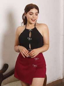 Lupita Cardoza 女士纯色水钻蝴蝶结装饰交叉裹身优雅短裤 - 酒紅色 - 查看 1