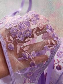 2件套女士天蓝色刺绣蕾丝肩带内衣文胸和内裤套装 - 紫色 - 查看 4