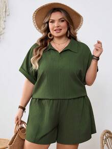 SHEIN CURVE+ Curve 尺码 US22 音乐节、海滨度假、波西米亚休闲纯色衬衫短裤套装 - 軍綠色 - 查看 9
