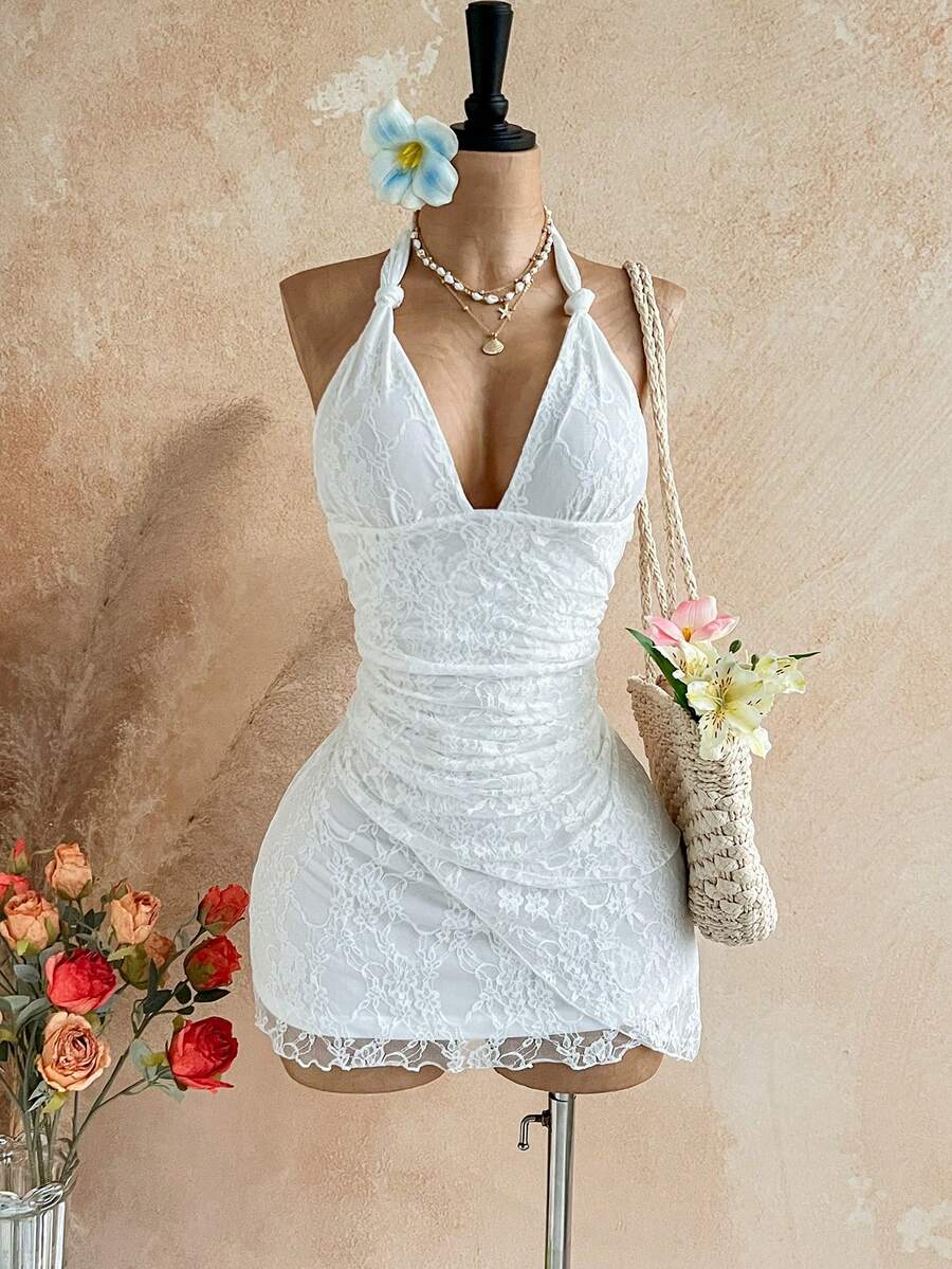 Soleia Đầm mini hở lưng ren trơn màu thanh lịch gợi cảm cho nữ - trắng - Xem 1