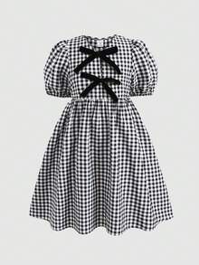 SHEIN 少女宽松休闲简约舒适圆领花瓣袖连衣裙 - 藏蓝色 - 查看 4