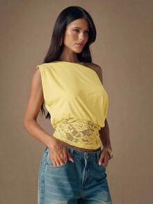 SHEIN BAE Áo kiểu nữ màu đen dệt kim phối ren, vai lệch, thời trang, thích hợp cho mùa Thu/Đông. - Màu vàng - Xem 5