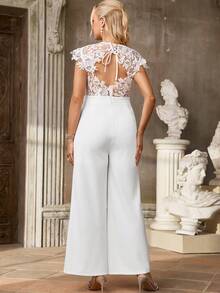 SHEIN Mono de maternidad de pierna ancha con unicolor y encaje de contraste - Blanco - Ver 4