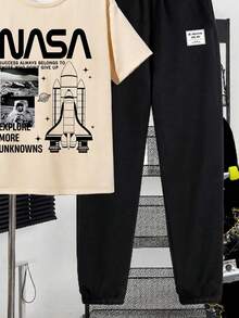 SHEIN 青少年男童休闲简约Y2K风格宇航员元素运动宽松舒适时尚简约圆领短袖T恤和裤子套装，适合春夏日常休闲穿着 - 彩色 - 查看 5