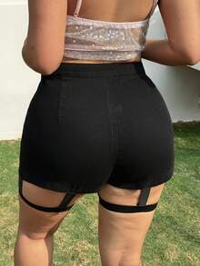 Muchica Quần short denim cạp cao dáng rộng đa năng dành cho nữ cỡ lớn, thích hợp cho mùa xuân/hè. - màu đen - Xem 2