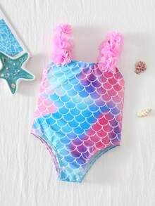 SHEIN 小女孩针织美人鱼蝴蝶结装饰3D花卉连体泳衣 - 粉色 - 查看 4