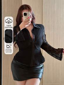 Dazy Plus Elastic Fitted Lace Long Sleeve Cropped Turndown Collar Cardigan Sheer Black T-Shirt Going Out Tops Women - Black - View 1