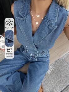 DAZY 女士休闲水洗牛仔背心和阔腿裤套装，春夏款 - 中等水洗藍 - 查看 1