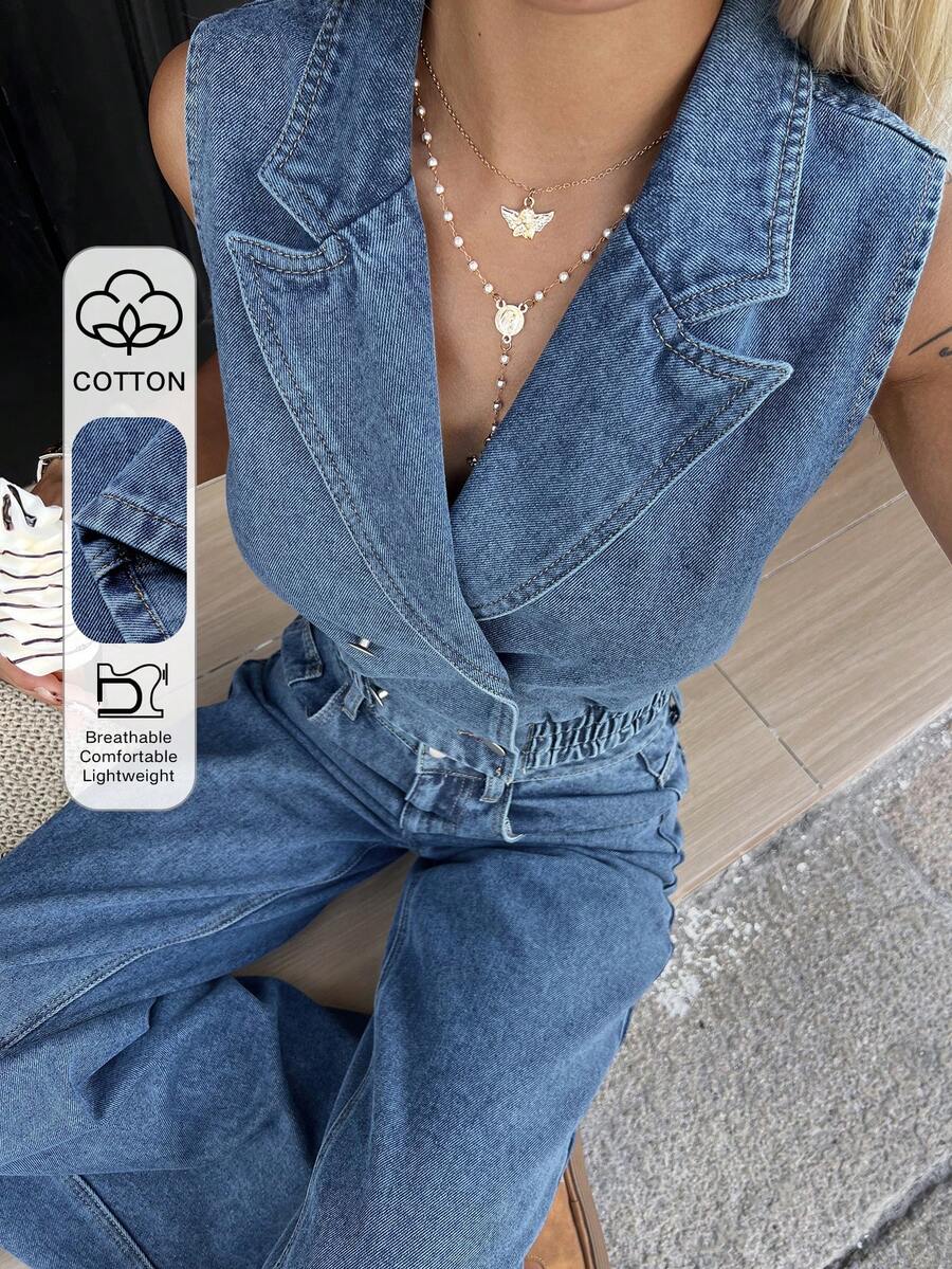 DAZY 女士休闲水洗牛仔背心和阔腿裤套装，春夏款 - 中等水洗藍 - 查看 1