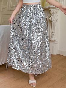 DAZY Chân váy chữ A đính sequin bạc thanh lịch dành cho nữ, thích hợp cho mùa xuân/hè. - Bạc - Xem 3