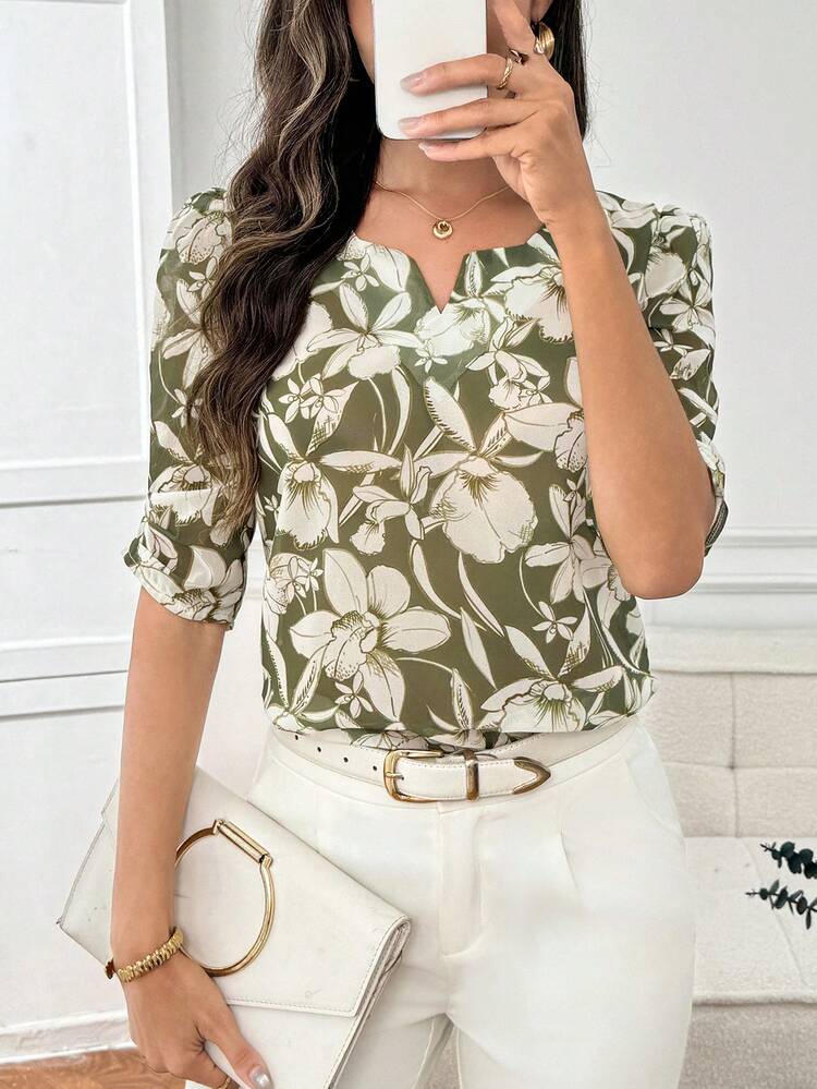 Women's V-Neck Floral Print Casual Versatile Daily Wear Shirt Blouse For Women Elegant Blouse For Women Casual White Blouse Flower Print Blouse V Neck Blouse,Summer Outfit For Women,Work Outfits For Women