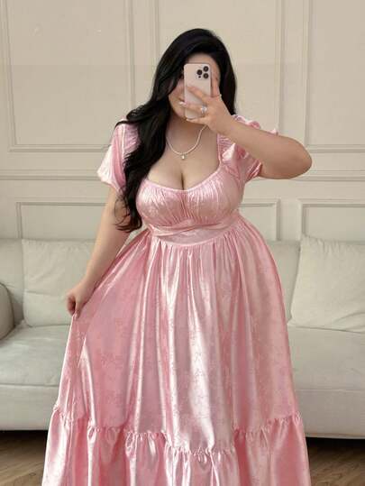 Vibekara Spring, Summer, Fall, Elegant New Arrival Sweet Birthday Party Design Satin Textured Jacquard Fabric Ruffle Sleeve Maxi Dress, Waist Cinching Tie Decor, Slimming Long Dress, Summer Women Outfit