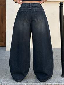 Dazy Plus Jeans de pierna ancha y larga de talla grande con efecto desgastado y lavado - Azul lavado oscuro - Ver 2