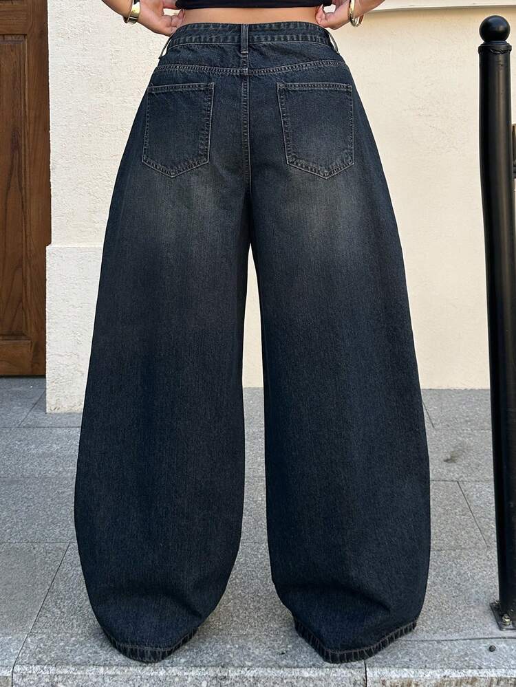 Dazy Plus Plus Size Distressed Washed Wide Leg Long Denim Jeans