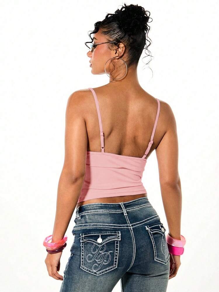BABYPHAT Lace Detail Cami Top With Black Trim And Adjustable Straps Feminine Pink Lingerie Style Tank Top For Summer