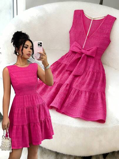 Elenzga Vestido elegante de cuello redondo sin mangas con diseño de lazo de cadena de perlas desmontable, adecuado para fiestas, reuniones, uso diario casual y sesiones de fotos