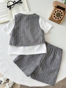 LMoss Kids 3pcs Baby Boy Woven Solid Vest + Knit Solid Casual Shirt + Shorts Gentleman Outfit Set - Multicolor - View 2