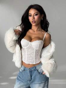 SHEIN PETITE Lace Sheer Camisole Top, Party, Date, Commute, Cute Bralette, Club Corset Strapless Summer Tops, For Women, Autumn/Winter Undershirt ,Petite Women - White - View 6