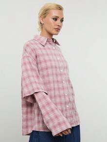 COUREZ 长袖宽松格纹双层衬衫 / Y2K 春季女装 粉色衬衫 外出穿搭 夏季穿搭 春假穿搭 夏季衬衫 - 粉色 - 查看 5