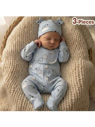 Loomiva Newborn Baby Girl 3-Piece Set: Cartoon Elephant Print Knit Soft Crew Neck Long Sleeve Jumpsuit And Hat