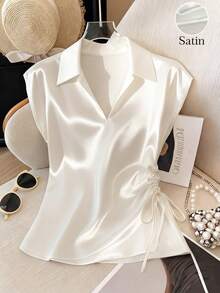 Franclia Elegant Small V Lapel Raglan Short Sleeves Side Waist Pleated Satin Spring And Summer White Women's Blouses Elegant Women's Blouses Satin Blouses Women's Outing Blouses Women's Party Blouses Women's Daily Blouses Women's Luxury Blouses Summer Holiday Wear Blouses Satin Shirt Office Blouse Satin Blouses For Women - Apricot - View 1