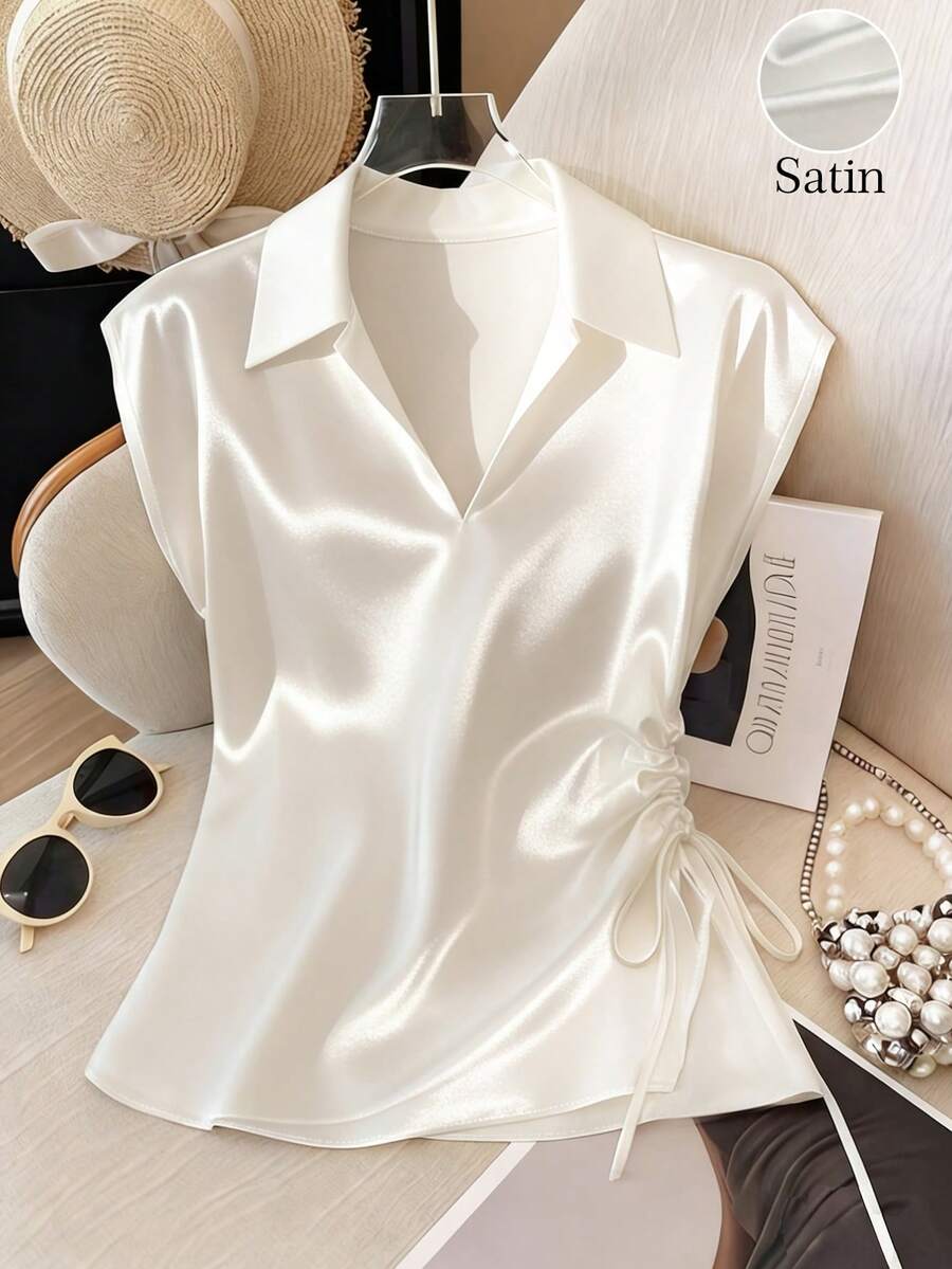 Franclia Elegant Small V Lapel Raglan Short Sleeves Side Waist Pleated Satin Spring And Summer White Women's Blouses Elegant Women's Blouses Satin Blouses Women's Outing Blouses Women's Party Blouses Women's Daily Blouses Women's Luxury Blouses Summer Holiday Wear Blouses Satin Shirt Office Blouse Satin Blouses For Women - Apricot - View 1