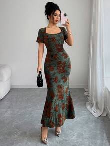 Rafferiza Women's Dark Green Summer 70's Retro Party Dress,French-Style Flocked Print Square Neck Slim-Fit Bodycon Elegant Formal Graduation Prom Wedding Gown - Green - View 8