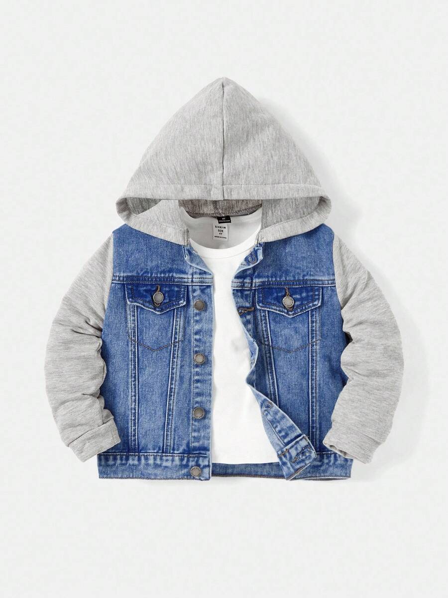 SHEIN Young Boy Casual Fashion Patchwork Hooded Denim Jacket, Suitable For Spring And Autumn, Zip Up Hooded Denim Jacket - Light Wash - View 1