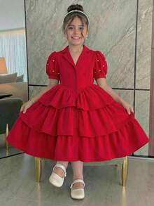 SHEIN 少女优雅翻领花瓣袖荷叶边下摆连衣裙 - 紅色 - 查看 1