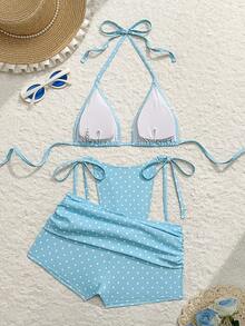 Swim Vcay 夏季新款海滩度假派对下午茶波点印花微三角侧系带褶皱三件套女士泳装套装 - 彩色 - 查看 4