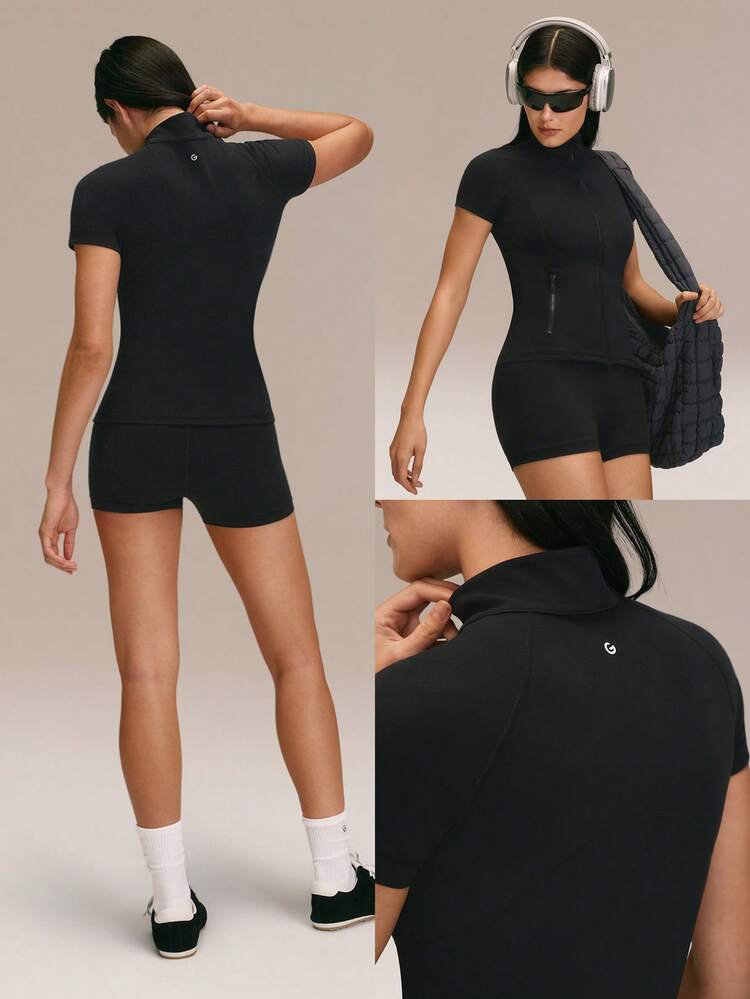 FeatherFit™ Cool Contour Buttery-Soft Sweat-Wicking Stretchy Slim-Fit Short-Sleeve Zippered Side Pockets Zip-Up Jacket Low Impact Yoga Pilates Studio Daily Active Wear