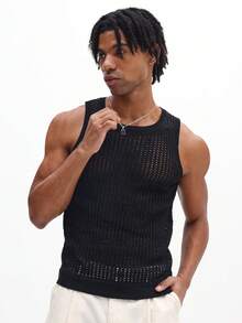 SUMWON 男士无袖开襟针织度假背心，网眼透视设计，夏季休闲装 - 黑色 - 查看 4
