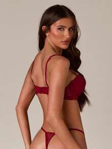 SHEIN BAE Bộ đồ lót ren viền nơ dây mảnh màu trơn dành cho nữ - Màu Đỏ Sâu - Xem 2