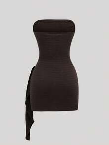 Olithes 1件装女士纯色纹理抹胸金属扣褶皱连衣裙 - 棕色 - 查看 2