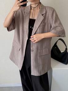 FRIFUL Women's Revere Collar Short Sleeve Striped Loose Blazer - Apricot - View 6