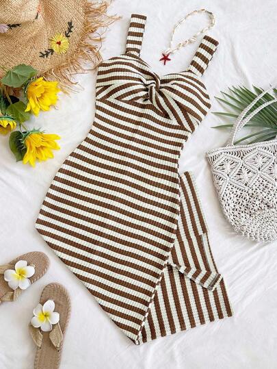 Soleia Women's Vacation Striped Twist Design Casual Spaghetti Strap Mid-Length Dress