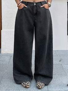 Dazy Plus Dark Wash Blue Waistband Patchwork Drawstring Straight Leg Long Jeans, All Season - Dark Grey - View 8