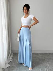 Elenzga Waist Cinched Pleated Wide Leg Pants, Elegant Romantic Minimalist Office Wear Trousers For Women - Baby Blue - View 5