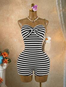 Solea Vida Women's Summer Contrast Stripe Backless Knit Bandeau Jumpsuit - Black and White - View 3