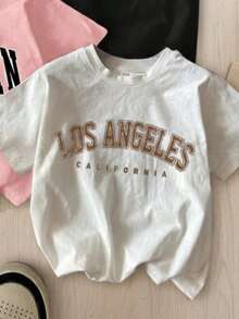 Set de 3 camisetas de manga corta con cuello redondo y estampado casual para niñas y estudiantes adolescentes, verano - Albaricoque - Ver 4