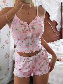 SHEIN 粉色女士吊带背心和短裤睡衣套装，带荷叶边装饰 - 粉色 - 查看 1