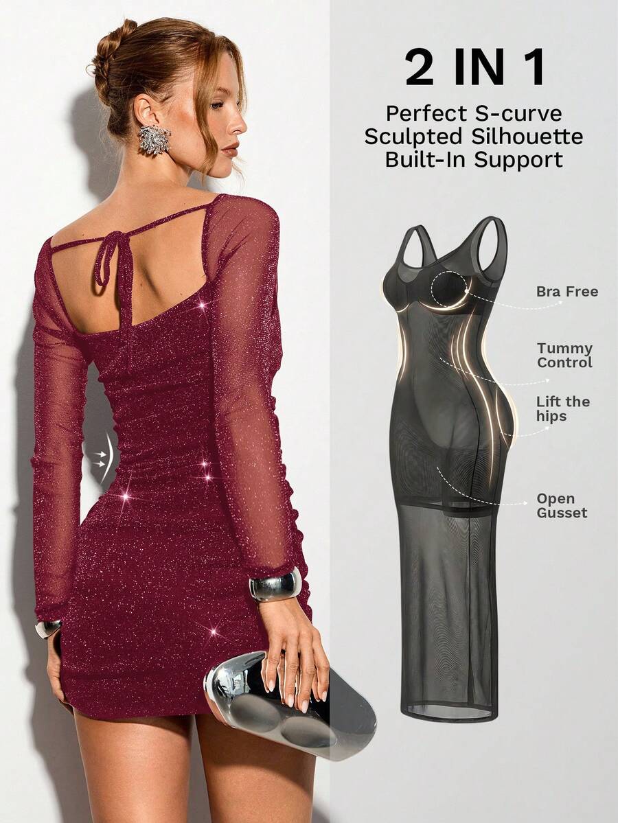Nuvra 女士长袖闪亮金属色二合一塑身连衣裙，内置胸垫，休闲双层收腹提臀紧身迷你连衣裙，后背交叉系带领口，派对装 - 酒紅色 - 查看 1