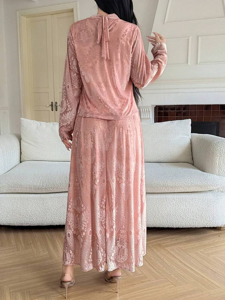 Women's Elegant Jacquard Waist Cinching Long Sleeve Top And Skirt 2 Pieces Set, Autumn Summer