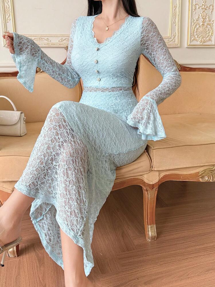 Women's Elegant Solid Color Lace Flare Sleeve Top And Skirt 2-Piece Set Summer