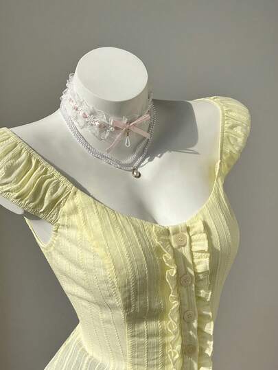 Elamini Yellow Chiffon Jacquard Striped Square Collar Button Front Petal Sleeve Cinched Waist Shirt, Sweet Cute Minimalist Elegant Commute School Vintage Romantic Everyday Casual Wear Versatile