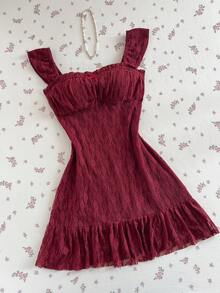 Elamini Women's Burgundy Lace Rose Bow Tie Short Sleeve Mini Dress, Sexy Vacation Style, Spring/Summer - Burgundy - View 6