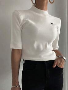 DAZY Women's Mock Neck Fitted Ribbed Half Sleeve Sweater With Embroidered Pattern - White - View 3