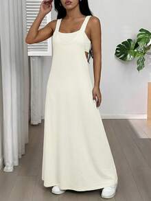 SHEIN EZwear 女士不对称领口无袖休闲连衣裙，夏季内置胸罩连衣裙，杏色 - 杏色 - 查看 6